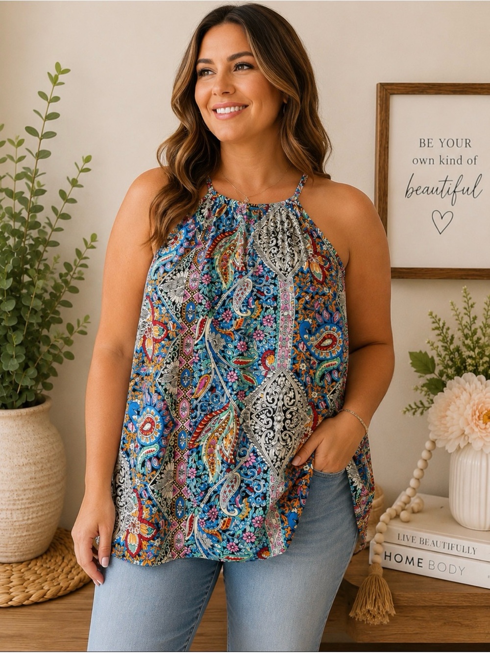 Women's XXL Multicolor Paisley High Neck Sleeveless Blouse Boho Flowy NWOT